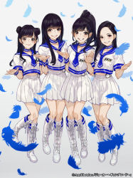 Rule 34 | 4girls, black hair, blush, boots, breasts, brown eyes, cross-laced footwear, double bun, feathers, forehead, grin, hair bun, lace-up boots, long hair, looking at viewer, multiple girls, official art, pleated skirt, ponytail, school uniform, serafuku, skirt, smile, yuu (higashi no penguin)