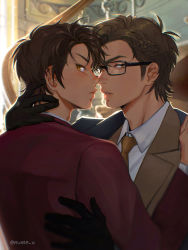 Rule 34 | 2boys, ace of diamond, back, black gloves, braid, brown eyes, brown hair, brown jacket, closed mouth, collared shirt, glasses, gloves, hand on another&#039;s back, hand on another&#039;s neck, highres, jacket, looking at viewer, male focus, miyuki kazuya, multiple boys, necktie, nume x, parted lips, red jacket, sawamura eijun, shirt, sideburns, twitter username, upper body, white shirt, yaoi