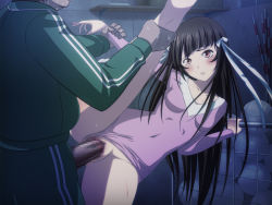 Rule 34 | 00s, 1boy, 1girl, age difference, arm grab, bent over, black hair, blunt bangs, blush, brown eyes, censored, clothed sex, clothing aside, flexible, gym storeroom, gym teacher, hair ornament, hair ribbon, hetero, highres, ikkitousen, indoors, leg grab, leg lift, leg up, leotard, leotard aside, long hair, looking at another, penis, pussy, ribbon, sex, spread legs, standing, standing on one leg, sweat, ten&#039;i (ikkitousen), vaginal, yozo (yozo2000)