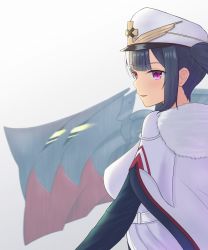 Rule 34 | 1girl, artist request, azur lane, black hair, breasts, cape, fur trim, hat, highres, long hair, medium breasts, peaked cap, peter strasser (azur lane), purple eyes, simple background, solo, twintails, upper body, white cape, white hat