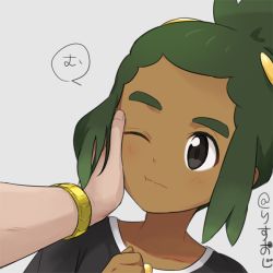 Rule 34 | 2boys, closed mouth, commentary request, creatures (company), eyelashes, game freak, green hair, grey background, grey eyes, guzma (pokemon), hair ornament, hand on another&#039;s cheek, hand on another&#039;s face, hand up, hau (pokemon), light blush, male focus, multiple boys, nintendo, pokemon, pokemon sm, sewenan, shirt, sidelocks, simple background