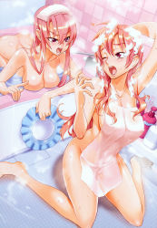 Rule 34 | &gt;:o, 2girls, :o, ;o, absurdres, angry, arched back, arm behind head, arm up, armpits, ass, back, barefoot, bath, bathing, bathroom, bathtub, bent over, blush, bottle, breast press, breasts, bubble, cleavage, completely nude, covered erect nipples, covering privates, feet, fingernails, foam, full body, hair between eyes, hanging breasts, highres, highschool of the dead, holding, huge filesize, impossible towel, indoors, kneeling, large breasts, long fingernails, long hair, looking at another, mirror, miyamoto rei, multiple girls, nail, naked towel, nude, nude cover, official art, on floor, one eye closed, open mouth, partially submerged, pink hair, pointing, purple eyes, raised eyebrows, red eyes, red hair, reflection, same-sex bathing, satou shouji, scan, scolding, see-through, shadow, shampoo, shampoo hat, shared bathing, shouting, sideboob, soap bubbles, steam, takagi saya, tears, tile floor, tile wall, tiles, towel, towel on head, v-shaped eyebrows, very long hair, washing hair, water, wet, wince, wink