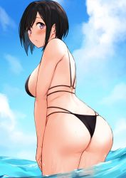 Rule 34 | 1girl, :o, anti (0324), ass, bikini, black bikini, black hair, blue sky, blush, breasts, cloud, commentary, cowboy shot, day, dimples of venus, from behind, leaning forward, looking at viewer, looking back, medium breasts, mole, mole under eye, mole under mouth, o-ring, o-ring top, original, outdoors, parted lips, purple eyes, short hair, sideboob, skindentation, sky, solo, swimsuit, symbol-only commentary, wading, water