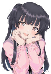 Rule 34 | 1girl, :d, black hair, brown eyes, commentary request, eyebrows hidden by hair, hands up, head tilt, highres, idolmaster, idolmaster shiny colors, kayanogura, long hair, long sleeves, looking at viewer, mayuzumi fuyuko, open mouth, pink shirt, shirt, simple background, smile, solo, teeth, two side up, upper body, upper teeth only, very long hair, white background