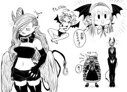 Rule 34 | 5girls, :&gt;, absurdres, ahoge, black collar, black footwear, black tail, boots, breasts, cigarette, collar, crossover, demon girl, demon wings, earrings, elbow gloves, fangs, feathered wings, fingerless gloves, formal, gloves, goth fashion, gothic lolita, greyscale, hair between eyes, hair over one eye, head wings, height conscious, height difference, highres, hook, jewelry, kewpie (mazohaha), large breasts, lizette (mazohaha), lolita fashion, long hair, low wings, monochrome, multiple girls, musuko ga kawaikute shikatanai mazoku no hahaoya, nightmare (mazohaha), pointy ears, ringed eyes, smoking, sparkle, speech bubble, suit, tail, teresa (mazohaha), thigh boots, thighhighs, triangle mouth, very long hair, wings, zyugoya