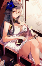 Rule 34 | 1girl, absurdres, animal ears, breasts, brown eyes, cleavage, commentary, dress, english commentary, feet out of frame, flower, grey hair, hair between eyes, hair flower, hair ornament, hand on own chest, highres, holding, kooemong, large breasts, long hair, looking at viewer, original, parted lips, scroll, sidelocks, sitting, sleeveless, sleeveless dress, thighs, white dress