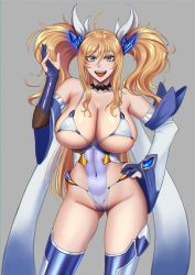 Rule 34 | 1girl, bare shoulders, blonde hair, blue eyes, blue gloves, breasts, choker, collarbone, covered navel, fingerless gloves, full body, gloves, hair ornament, hand on own hip, highres, hihizaru badass, impossible clothes, large breasts, leotard, lips, long hair, looking at viewer, onizaki kirara, open mouth, shiny clothes, shiny skin, simple background, smile, solo, taimanin (series), taimanin rpgx, teeth, thighhighs, twintails, white background, wide sleeves