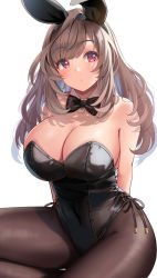 Rule 34 | 1girl, animal ears, bare shoulders, black bow, black bowtie, bow, bowtie, breasts, brown hair, brown pantyhose, cleavage, commentary request, detached collar, eyes visible through hair, fake animal ears, highres, idolmaster, idolmaster shiny colors, koukoku, large breasts, leotard, long hair, looking at viewer, pantyhose, playboy bunny, rabbit ears, red eyes, sitting, solo, thighs, tsukioka kogane