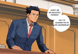 Rule 34 | 1boy, ace attorney, black eyes, black hair, blue jacket, breast pocket, buttons, closed mouth, collared shirt, commentary, courtroom, english commentary, english text, fingernails, formal, highres, indoors, jacket, lapel pin, lapels, long sleeves, male focus, necktie, nervous, parody, phoenix wright, pink necktie, pocket, shirt, short hair, solo, split mouth, spongebob squarepants (series), suit, sweatdrop, thought bubble, white shirt, worvies