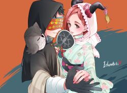Rule 34 | 1boy, 1girl, absurdres, bird, black eyes, black gloves, black hair, blindfold, blue kimono, braid, choker, commentary request, copyright name, cross-shaped pupils, eli clark, fiona gilman, floral print, gloves, hand fan, highres, holding, holding fan, holding hands, hood, hood up, horns, identity v, japanese clothes, kashikaze, kimono, lace-trimmed choker, lace trim, long hair, looking at viewer, lower teeth only, nail polish, obi, open mouth, owl, parted lips, pink nails, red hair, sash, short hair, symbol-shaped pupils, teeth, typo