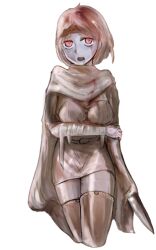 Rule 34 | 1girl, bandaged arm, bandages, belt, blood, blood drip, blood on clothes, bmp-to-png conversion, breasts, brown hair, brown thighhighs, cloak, dress, full body, game cg, hand on own arm, headband, holding, holding sword, holding weapon, kneeling, large breasts, lowres, mon-musu quest!, non-web source, open mouth, pale skin, red eyes, short hair, simple background, solo, sword, thighhighs, transparent background, un do, warrior, weapon, white cloak, white dress, zettai ryouiki, zombie, zombie girl (mon-musu quest!)