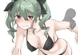 Rule 34 | 1boy, 1girl, anchovy (girls und panzer), bikini, black bikini, breasts, commentary request, cowboy shot, disembodied hand, drill hair, elf (stroll in the woods), faceless, faceless male, girls und panzer, green hair, hair ribbon, highres, leaning forward, long hair, red eyes, ribbon, simple background, small breasts, swimsuit, thong bikini, trembling, twin drills, twintails, white background, wide hips