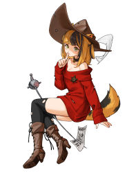 Rule 34 | 1girl, animal ears, bell, black hair, black thighhighs, boots, brown footwear, brown headwear, cat ears, feathers, green eyes, hat feather, high heel boots, high heels, highres, index finger raised, looking at viewer, multicolored hair, neck bell, off-shoulder sweater, off shoulder, orange hair, original, red sweater, rinotuna, simple background, solo, sweater, sword, tail, thighhighs, torn clothes, torn thighhighs, two-tone hair, wanted, weapon, white background, white feathers