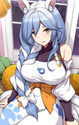 Rule 34 | 1girl, animal ear fluff, animal ears, apron, bare shoulders, black bodysuit, blue hair, blush, bodysuit, bow, braid, braided ponytail, breasts, carrot-shaped pillow, commentary, covered collarbone, detached sleeves, english commentary, hair between eyes, hair bow, hair over shoulder, highres, hololive, housewife, large breasts, long hair, looking at viewer, low-tied long hair, mature female, multicolored hair, parted lips, pekomama, rabbit-shaped pupils, rabbit ears, rabbit girl, sheita, sitting, smile, solo, symbol-shaped pupils, thick eyebrows, virtual youtuber, white hair, white sleeves, window