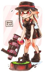 Rule 34 | .52 gal (splatoon), 1girl, black footwear, black hair, black hat, black shirt, black shorts, blunt bangs, closed mouth, commentary, curling bomb (splatoon), dated, diagonal stripes, dolphin shorts, eighth note, gradient hair, gym shorts, harutarou (orion 3boshi), hat, hat ribbon, highres, holding, holding weapon, ink tank (splatoon), inkling, inkling girl, inkling player character, leaning forward, multicolored hair, musical note, nintendo, outside border, paint splatter, pink background, pointy ears, print shirt, red hair, ribbon, shirt, short shorts, shorts, smile, snake, solo, sparkle, splatoon (series), splatoon 2, spoken musical note, standing, striped, striped background, t-shirt, tentacle hair, weapon