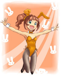 Rule 34 | 00s, 1girl, animal ears, bad id, bad pixiv id, brown hair, fake animal ears, idolmaster, idolmaster (classic), idolmaster 1, jumping, open mouth, outstretched arms, pantyhose, playboy bunny, rabbit ears, sanhon, solo, spread arms, takatsuki yayoi, thigh gap, thighs, twintails