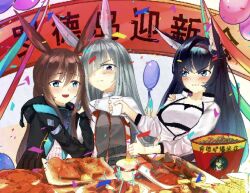 Rule 34 | 1297858110, 3girls, aliasing, amiya (arknights), animal ears, arknights, balloon, banner, blaze (arknights), blush, cat ears, cat girl, chinese new year, commentary request, confetti, cup, food, frostnova (arknights), hair over one eye, holding, holding cup, long hair, multiple girls, rabbit ears, rabbit girl, v-shaped eyebrows
