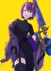 Rule 34 | 1girl, absurdres, alternate costume, bob cut, fate/grand order, fate (series), highres, holding, holding sword, holding weapon, horns, ichiya1115, open mouth, purple eyes, purple hair, short hair, shuten douji (fate), skin-covered horns, sword, tagme, weapon