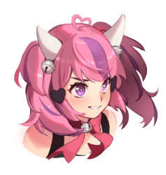 Rule 34 | 1girl, absurdres, ahoge, bell, blush, bow, commentary, hair bell, hair ornament, heart, heart ahoge, heart hair, highres, horns, ironmouse, ironmouse (1st costume), looking ahead, multicolored hair, parted lips, pink bow, pink hair, portrait, purple eyes, purple hair, smile, solo, streaked hair, syertse, symbol-only commentary, twintails, v-shaped eyebrows, virtual youtuber, vshojo, white background