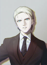 Rule 34 | 1boy, black jacket, black necktie, blonde hair, blue eyes, char&#039;s counterattack, char aznable, chromatic aberration, collared shirt, commentary request, formal, grey background, gundam, head tilt, highres, jacket, lapels, looking at viewer, male focus, muted color, necktie, parted lips, shadow, shirt, short hair, simple background, solo, striped necktie, suit, suit jacket, teeth, ususio 11, white shirt