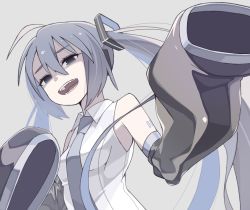 Rule 34 | 1girl, blue eyes, blue hair, breasts, detached sleeves, grey background, half-closed eyes, hatsune miku, highres, icon 315, necktie, open mouth, shaded face, sharp teeth, simple background, sleeveless, sleeves past fingers, sleeves past wrists, small breasts, solo, teeth, twintails, upper body, vocaloid