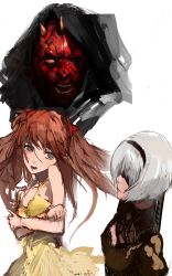 Rule 34 | 1boy, 2girls, absurdres, alien, angry, artist request, blindfold, blue eyes, breasts, brown hair, colored skin, crossover, darth maul, dress, hairband, highres, hood, horns, long hair, long sleeves, looking at another, looking at viewer, multiple girls, neon genesis evangelion, nier (series), nier:automata, red skin, souryuu asuka langley, star wars, sword, very long hair, weapon, white background, white hair, yellow dress, yellow eyes, 2b (nier:automata)