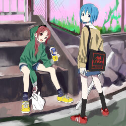 Rule 34 | 2girls, adidas, alternate costume, arm between legs, bag, black socks, blue eyes, blue hair, blue skirt, brown sweater, can, casual, chain-link fence, collared shirt, commentary request, denim, denim shorts, e eel, english text, fang, fence, green hoodie, hair over shoulder, head tilt, highres, holding, holding bag, holding can, holding weapon, hood, hood up, hoodie, kneehighs, layered clothes, leaning forward, long sleeves, looking at viewer, looking back, loose socks, mahou shoujo madoka magica, mahou shoujo madoka magica (anime), miki sayaka, multiple girls, open mouth, outdoors, plastic bag, ponytail, red eyes, red hair, sakura kyoko, shadow, shirt, shoes, short hair, short shorts, shorts, shoulder bag, sitting, sitting on stairs, skirt, sneakers, socks, stairs, standing, striped clothes, striped socks, sweater, weapon, white shirt, wooden beam