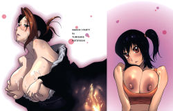 Rule 34 | 2girls, artist name, bare shoulders, black hair, blush, breast press, breasts, breasts out, breasts squeezed together, brown eyes, brown hair, cum, cum in mouth, cum on body, cum on breasts, cum on upper body, facial, glasses, gradient background, hair tied up, heritage, highres, hiiragi, huge areolae, huge breasts, hush, japanese clothes, kimono, kotoyoshi yumisuke, large areolae, large breasts, large nipples, looking at viewer, mature female, misono-san, multicolored hair, multiple girls, naked-party, nipples, off shoulder, older woman and younger girl, original, parted lips, sagging breasts, short hair, side ponytail, simple background, stepmother, tank top