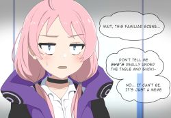 Rule 34 | 1girl, ahoge, alph (sancheck), arknights, black choker, blue eyes, blue poison (arknights), choker, constricted pupils, english text, jacket, open clothes, open jacket, open mouth, pink hair, purple jacket, shirt, solo, speech bubble, thought bubble, white shirt