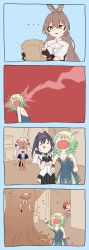 Rule 34 | ..., 4koma, 5girls, absurdres, animal ear fluff, animal ears, anklet, antlers, asymmetrical hair, backless dress, backless outfit, bag, bare legs, barefoot, black gloves, black hair, black skirt, blue dress, blue hair, blue neckwear, blue skirt, blunt bangs, bow, bow earrings, braid, branch, breasts, brown hair, ceres fauna, chain, cleavage, cleavage cutout, clenched hand, closed eyes, closed mouth, clothing cutout, comic, crop top, dark-skinned female, dark skin, dress, earrings, elbow gloves, feather hair ornament, feathers, fingers together, flower, french braid, friend (nanashi mumei), furrowed brow, gloves, green hair, green nails, grey skirt, hair between eyes, hair flower, hair intakes, hair ornament, hairclip, hakos baelz, halterneck, head chain, high-waist skirt, highres, holocouncil, hololive, hololive english, horns, indoors, jewelry, kaniko (tsukumo sana), light brown hair, light green hair, long hair, looking back, medium breasts, medium hair, meme, miniskirt, mouse ears, mouse tail, multicolored clothes, multicolored hair, multicolored skirt, multiple girls, nail polish, nanashi mumei, neck ribbon, off-shoulder dress, off shoulder, open hands, open mouth, ouro kronii, paper bag, peeking out, planet hair ornament, ponytail, red hair, ribbon, ruby says fuck (meme), scowl, shirt, short hair, silver hair, simple background, single braid, skirt, standing, strapless, strapless dress, streaked hair, striped clothes, striped skirt, sweatdrop, tail, tail bow, tail ornament, tree, tsukino (nakajimaseiki), tsukumo sana, tsukumo sana (1st costume), twintails, two-tone hair, underboob, usaslug (tsukumo sana), v-shaped eyebrows, vambraces, veil, vertical-striped clothes, vertical-striped skirt, virtual youtuber, white dress, white gloves, white shirt, yellow eyes