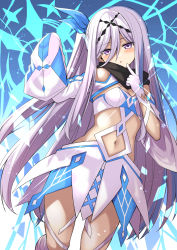 Rule 34 | 1girl, bandaged leg, bandages, bare shoulders, black hairband, black scarf, blue ribbon, blush, breasts, cleavage, clothing cutout, commentary request, eyes visible through hair, finger to cheek, grey hair, hair between eyes, hair ribbon, hairband, hand up, head tilt, highres, index finger raised, long hair, long sleeves, looking at viewer, mahcdai, navel, original, parted lips, purple eyes, revealing clothes, ribbon, scarf, shoulder cutout, shrug (clothing), side ponytail, sidelocks, skirt, sleeves past fingers, sleeves past wrists, small breasts, solo, standing, standing on one leg, straight hair, very long hair, white skirt