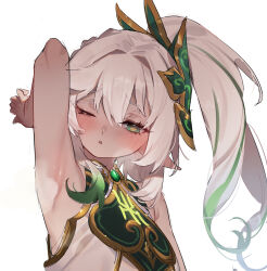 Rule 34 | 1girl, arm up, armpits, asymmetrical hair, blush, breath, commentary, cross-shaped pupils, dress, english commentary, eyelashes, flat chest, gebijiade 89, gem, genshin impact, gold trim, green eyes, green gemstone, green hair, hair between eyes, hair intakes, hair ornament, highres, long hair, looking down, multicolored hair, nahida (genshin impact), one eye closed, parted lips, pointy ears, side ponytail, simple background, solo, steaming body, streaked hair, symbol-shaped pupils, two-tone hair, upper body, white background, white dress, white hair