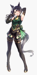 Rule 34 | 1girl, absurdres, animal ears, armpits, arms up, black hair, blush, boots, breasts, detached sleeves, full body, green eyes, hair between eyes, hair ornament, highres, horse ears, horse girl, horse tail, looking at viewer, medium breasts, pantyhose, satono crown (umamusume), side ponytail, solo, standing, tail, tamiku (shisyamo609), thigh boots, umamusume, white background