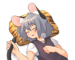 Rule 34 | 1girl, animal ear fluff, animal ears, animal print, blush, closed eyes, commentary request, grabbing own tail, greenpiecerice, grey vest, hair between eyes, medium bangs, mouse (animal), mouse ears, mouse girl, mouse tail, nazrin, open mouth, pillow, print pillow, shirt, short hair, short sleeves, simple background, sleeping, solo, tail, tiger print, touhou, upper body, vest, white background, white shirt