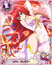 Rule 34 | 10s, 1girl, blue eyes, breasts, bridal gauntlets, card (medium), character name, chess piece, cleavage, covered erect nipples, heart, high school dxd, high school dxd infinity, king (chess), large breasts, long hair, official art, red hair, rias gremory, solo, thighhighs, trading card, very long hair