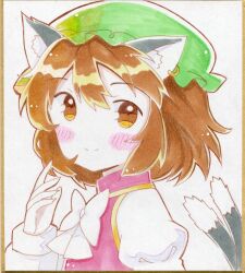 Rule 34 | 1girl, animal ear piercing, animal ears, blush, bow, bowtie, brown eyes, brown hair, cat ears, cat tail, chen, closed mouth, commentary request, double-parted bangs, earrings, ellipsis (mitei), fingernails, from side, gold trim, green hat, hair between eyes, hand up, hat, highres, jewelry, long sleeves, looking at viewer, mob cap, multiple tails, nekomata, sharp fingernails, shikishi, short hair, simple background, single earring, smile, solo, split mouth, tail, touhou, traditional media, two tails, upper body, white background, white bow, white bowtie