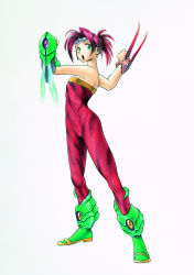 Rule 34 | 1girl, :d, armpits, ass, bare shoulders, blade, boots, brooch, child, circlet, claws, fighting stance, flat chest, gauntlets, green eyes, hair bun, high heels, highres, jewelry, legaia densetsu, leotard, natsumi arisawa, noa (legaia densetsu), official art, open mouth, pink hair, ponytail, sandals, shield, shoes, short hair, simple background, smile, solo, standing, terra (legaia densetsu), unitard, weapon, wings
