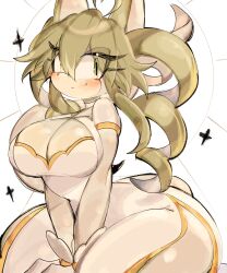 Rule 34 | animal ears, breasts, cat ears, cat girl, cleavage, cleavage cutout, clothing cutout, dress, drill hair, fang, furry, furry female, gloves, green eyes, green fur, green hair, highres, large breasts, long hair, looking at viewer, original, side slit, smile, sonic (series), thick thighs, thighs, twin drills, twintails, usa37107692, wide hips