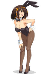 Rule 34 | 1girl, animal ears, black bow, black bowtie, black footwear, black leotard, bow, bowtie, breasts, brown eyes, brown hair, brown pantyhose, cleavage, detached collar, fake animal ears, full body, hairband, hand on own hip, hand on own knee, haruhisky, high heels, highres, large breasts, leaning forward, leotard, looking to the side, open mouth, orange hairband, pantyhose, playboy bunny, rabbit ears, rabbit tail, short hair, simple background, smile, solo, standing, strapless, strapless leotard, suzumiya haruhi, suzumiya haruhi no yuuutsu, tail, wrist cuffs