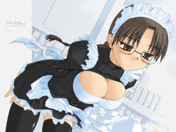 Rule 34 | 1girl, braid, breasts, brown eyes, brown hair, cleavage, dutch angle, frills, glasses, hoshina tomoko, large breasts, leaning forward, maid, maid headdress, miniskirt, skirt, solo, thighhighs, to heart, to heart (series), tsuina, zettai ryouiki