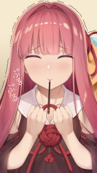 Rule 34 | 1girl, absurdres, blush, brown background, brown dress, brown sleeves, closed eyes, closed mouth, collarbone, collared dress, commentary request, detached sleeves, dress, facing viewer, food, food in mouth, hair intakes, hands up, highres, kotonoha akane, long hair, long sleeves, mouth hold, nose blush, partner (kprtnr), pocky, red hair, sleeveless, sleeveless dress, solo, sweat, trembling, upper body, voiceroid, wide sleeves