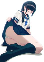Rule 34 | 1girl, 40hara, ass, black socks, blue hair, blue neckerchief, blue skirt, blue socks, blunt bangs, breasts, closed mouth, clothes lift, commentary request, feet, glaring, glasses, hair over shoulder, highres, kneehighs, lifting own clothes, long legs, looking at viewer, neckerchief, no shoes, original, panties, pleated skirt, purple eyes, red-framed eyewear, sailor collar, school uniform, serafuku, shirt, short sleeves, sidelocks, simple background, skirt, skirt lift, small breasts, socks, solo, thighs, underwear, uniform, white background, white panties, white shirt