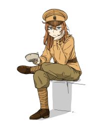 Rule 34 | 1girl, anyan (jooho), blue eyes, brown footwear, brown hair, brown hat, brown jacket, brown pants, closed mouth, cup, frown, full body, hat, highres, holding, holding cup, jacket, leg wrap, long hair, looking at viewer, military, military uniform, original, pants, russian army, shoes, simple background, sitting, solo, uniform, white background, world war i