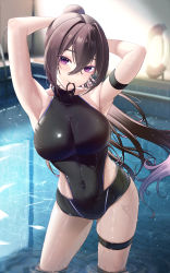 Rule 34 | 1girl, absurdres, arm strap, armpits, arms behind head, arms up, black one-piece swimsuit, blush, breasts, brown hair, casual one-piece swimsuit, closed mouth, covered navel, hair tie, hallo (rltkdydrltk), highres, impossible clothes, impossible swimsuit, indoors, lamp, large breasts, long hair, mouth hold, one-piece swimsuit, original, ponytail, pool, purple eyes, skindentation, smile, solo, swimsuit, thigh strap, very long hair, wading, water