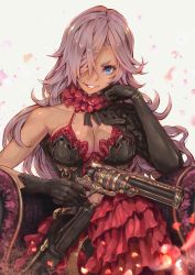 Rule 34 | 1girl, armor, armored dress, blue eyes, breasts, chair, cinderella (sinoalice), cleavage, collarbone, dai (eiji0417), dark-skinned female, dark skin, detached collar, dress, elbow gloves, eyelashes, frills, gloves, gun, hair over one eye, highres, holding, holding gun, holding weapon, large breasts, lips, long hair, looking at viewer, navel, patterned clothing, petals, shiny skin, simple background, sinoalice, sitting, smile, smirk, solo, weapon
