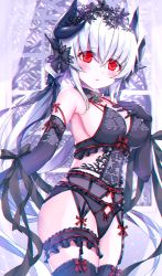 Rule 34 | 1girl, armpits, black bow, black bra, black gloves, black horns, black panties, black ribbon, black thighhighs, blush, bow, bra, breasts, cleavage, commentary request, curtains, elbow gloves, fate/grand order, fate (series), floral print, flower, garter straps, gloves, hair bow, hair ornament, hand on own chest, hand up, highres, horns, indoors, kiyohime (fate), kiyohime (third ascension) (fate), large breasts, lingerie, long hair, looking at viewer, low twintails, morizono shiki, panties, red bow, red eyes, ribbon, solo, thighhighs, twintails, underwear, very long hair, white hair, window