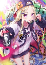 Rule 34 | 1girl, abigail williams (fate), backwards hat, baseball cap, blonde hair, blush, fate/grand order, fate (series), forehead, graffiti, hair ornament, hat, heart, highres, hood, hooded jacket, jacket, kachayori, keyhole, long hair, long sleeves, looking at viewer, open clothes, open jacket, parted bangs, pink eyes, shirt, smile, solo, spray paint, sunglasses, thighs, tongue, tongue out, white jacket, white shirt