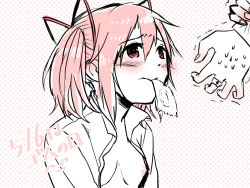 Rule 34 | 10s, 1girl, akemi homura, areola slip, bad id, bad pixiv id, blush, condom, condom in mouth, condom wrapper, disembodied hand, kaname madoka, mahou shoujo madoka magica, mahou shoujo madoka magica (anime), mouth hold, no bra, open clothes, open shirt, shirt, solo focus, sweat, watanabe ignica