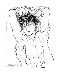 Rule 34 | 2boys, armpits, arms up, fushiguro megumi, hair between eyes, jujutsu kaisen, looking away, male focus, monochrome, multiple boys, parted lips, pottolwon, shirt, short hair, solo focus, spiked hair, toned, toned male, undressing, yaoi