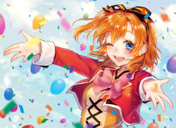Rule 34 | 1girl, ;d, balloon, blue eyes, blush, bow, bowtie, cloud, confetti, cropped jacket, cross-laced clothes, day, earrings, hair ribbon, highres, jacket, jewelry, kosaka honoka, long sleeves, looking at viewer, love live!, love live! school idol project, medium hair, one eye closed, one side up, open mouth, orange hair, outdoors, outstretched arms, pink bow, pink bowtie, red jacket, ribbon, sky, smile, solo, spread arms, striped ribbon, sudach koppe, sunny day song, upper body